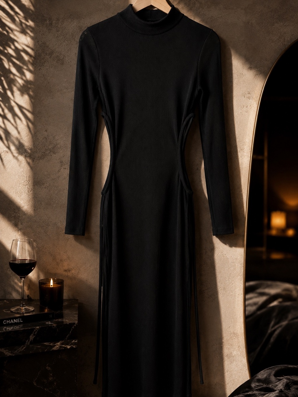 Black Long-Sleeve Midi Dress with Side Cutout Detail